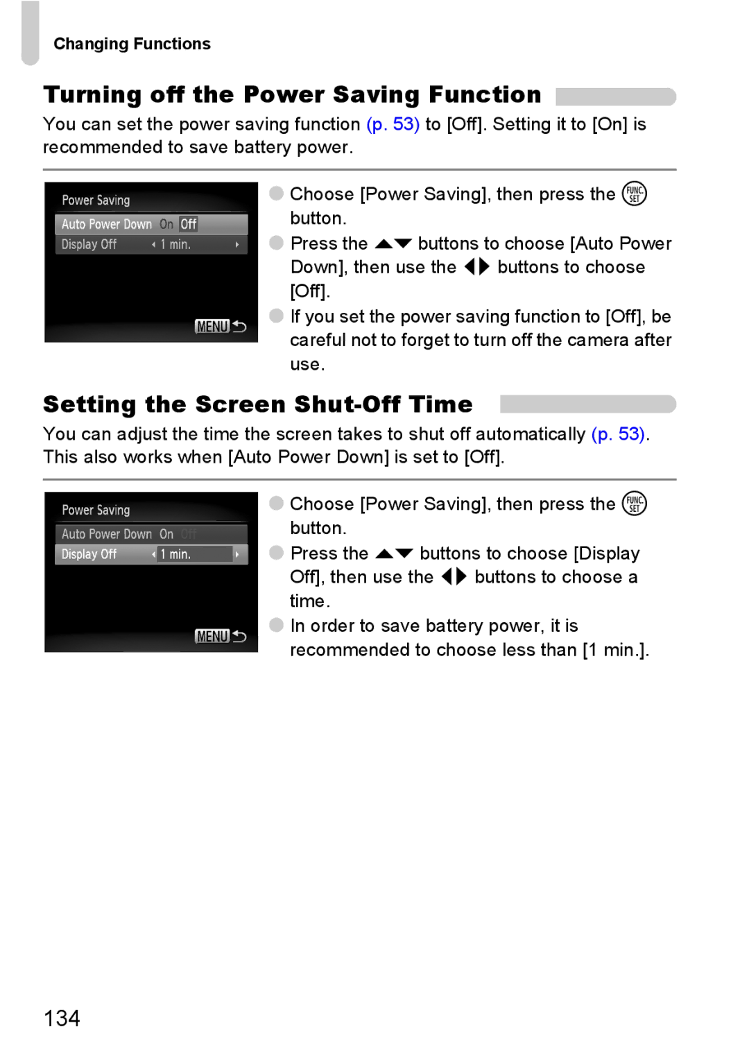 Canon 120 IS manual Turning off the Power Saving Function, Setting the Screen Shut-Off Time 