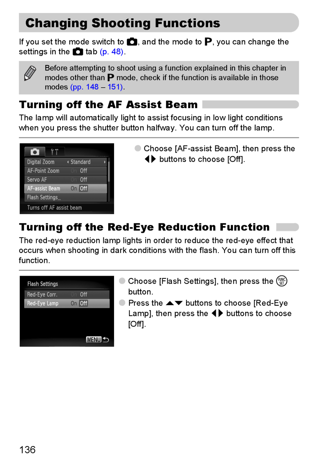 Canon 120 IS manual Changing Shooting Functions, Turning off the AF Assist Beam, Turning off the Red-Eye Reduction Function 