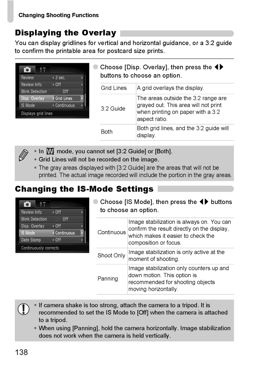 Canon 120 IS manual Displaying the Overlay, Changing the IS-Mode Settings 