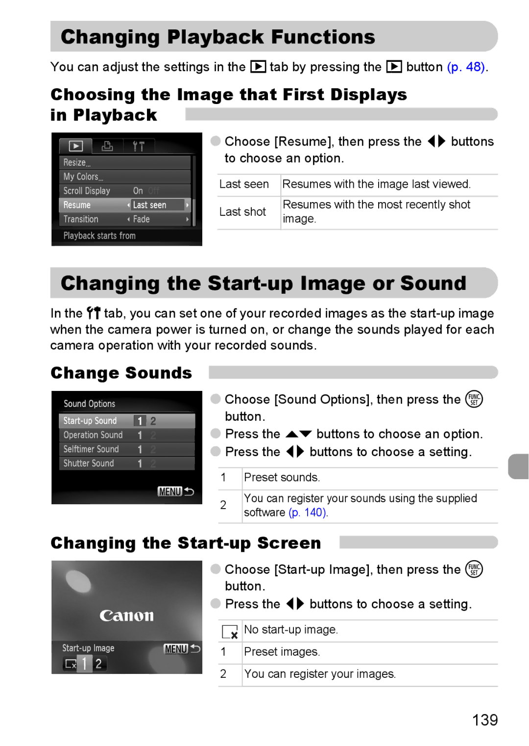 Canon 120 IS manual Changing Playback Functions, Changing the Start-up Image or Sound, Change Sounds 