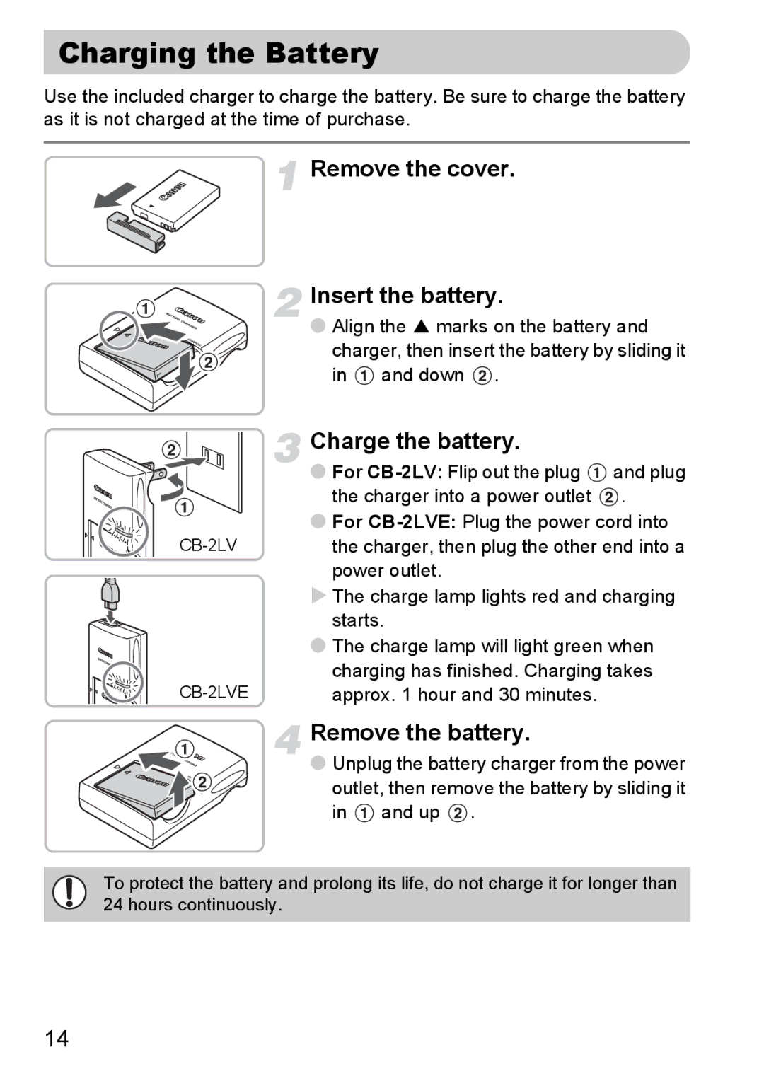 Canon 120 IS manual Charging the Battery, Remove the cover Insert the battery, Charge the battery, Remove the battery 