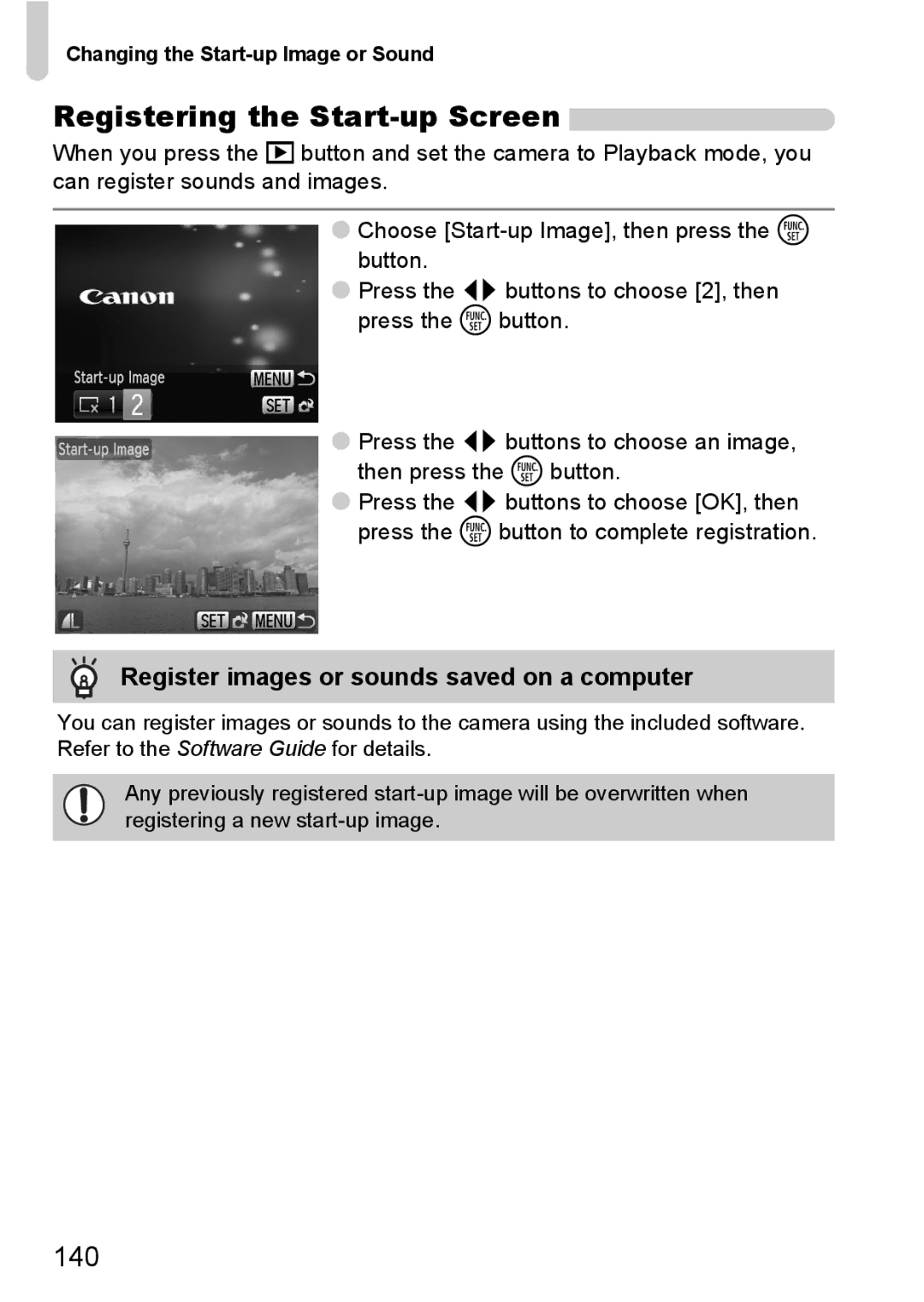 Canon 120 IS manual Registering the Start-up Screen, Register images or sounds saved on a computer 