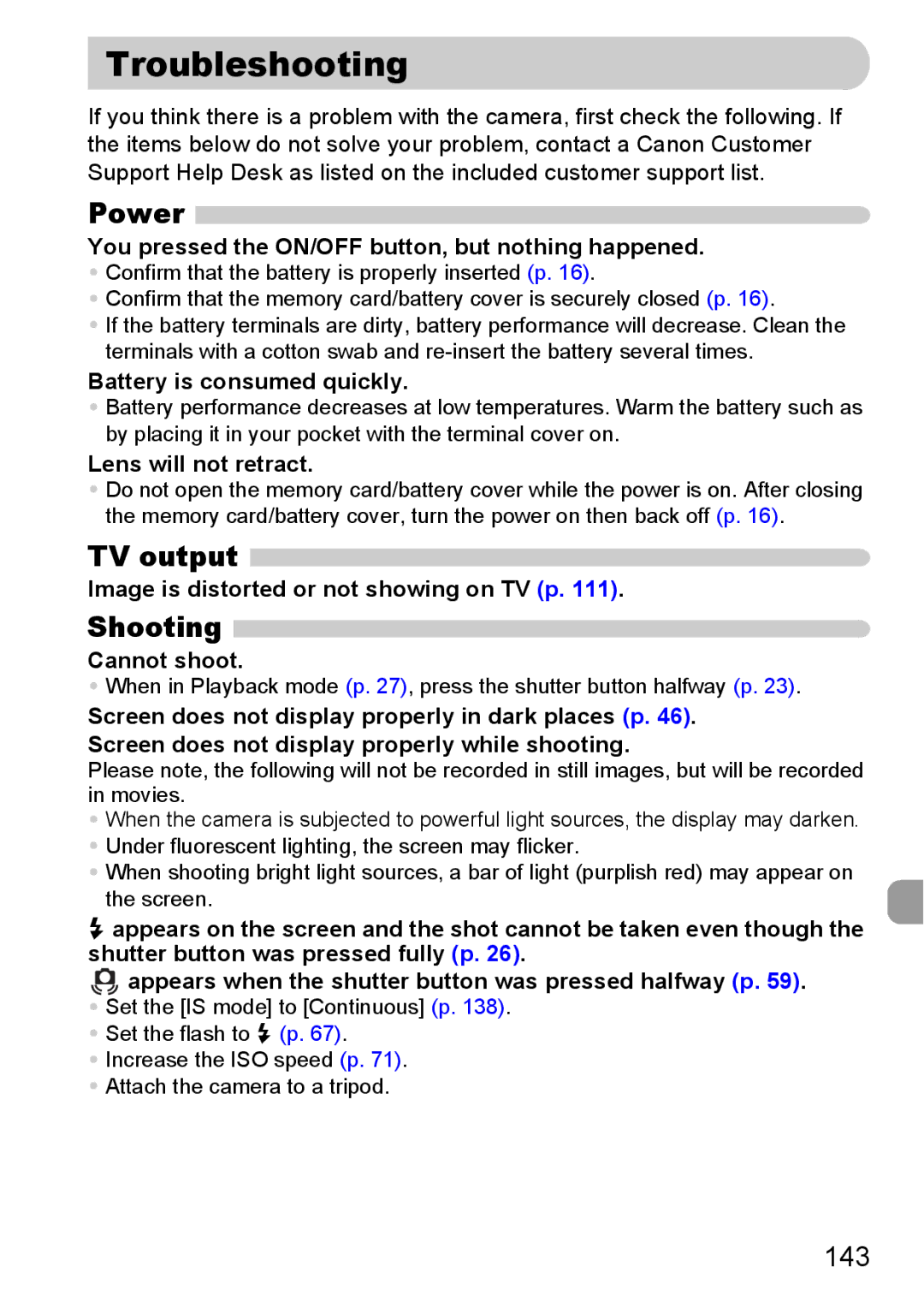 Canon 120 IS manual Troubleshooting, Power, TV output, Shooting 