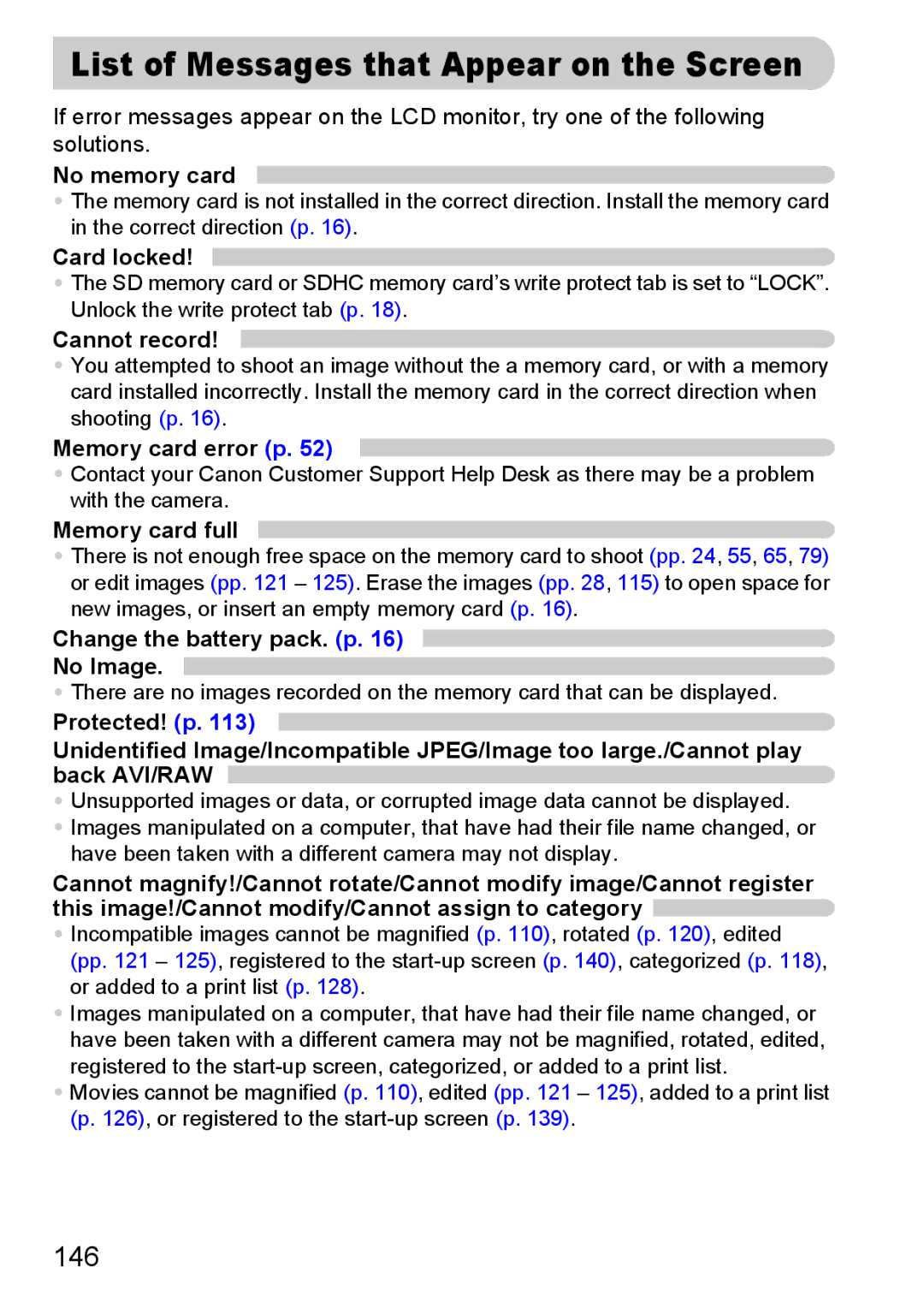 Canon 120 IS manual List of Messages that Appear on the Screen, No memory card 