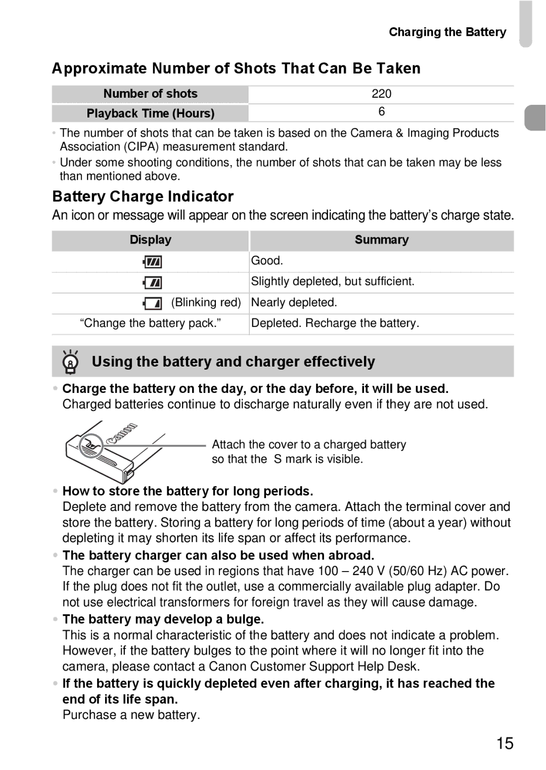 Canon 120 IS manual Approximate Number of Shots That Can Be Taken, Battery Charge Indicator 