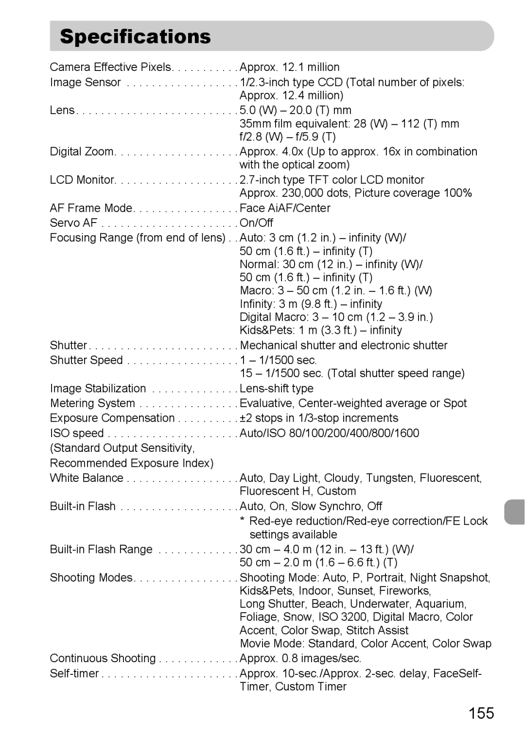 Canon 120 IS manual Specifications, 155 