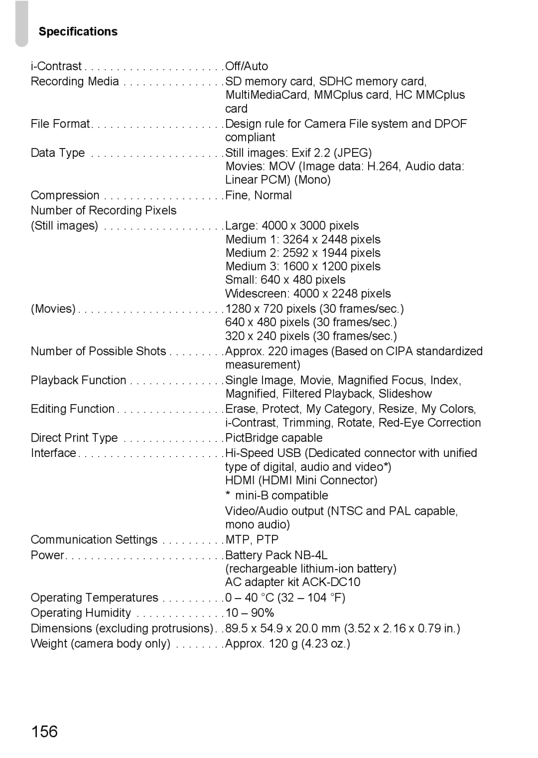 Canon 120 IS manual 156, Specifications 