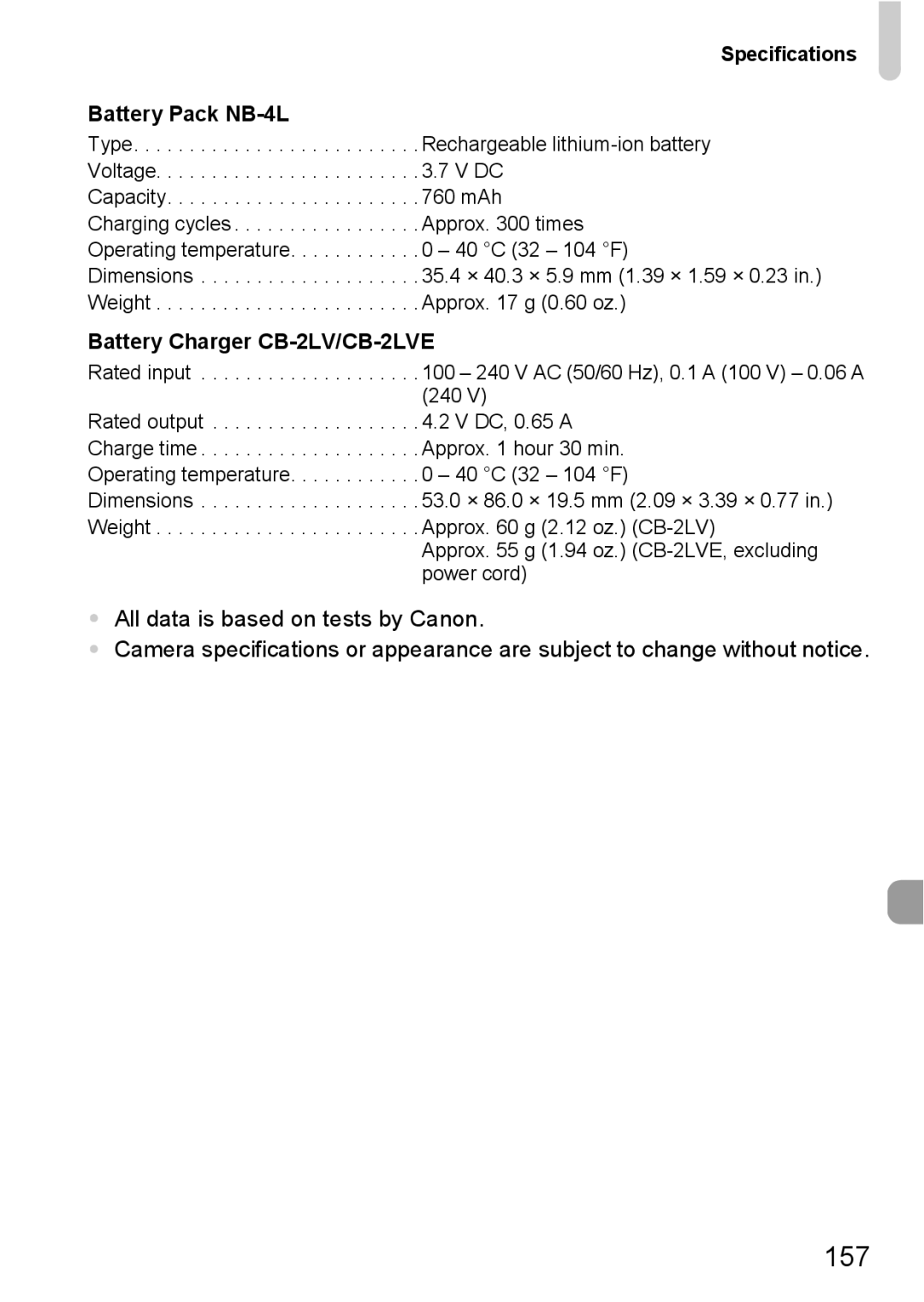 Canon 120 IS manual Specifications Battery Pack NB-4L, Rated input 240 V AC 50/60 Hz, 0.1 a 100 V 0.06 a 240 