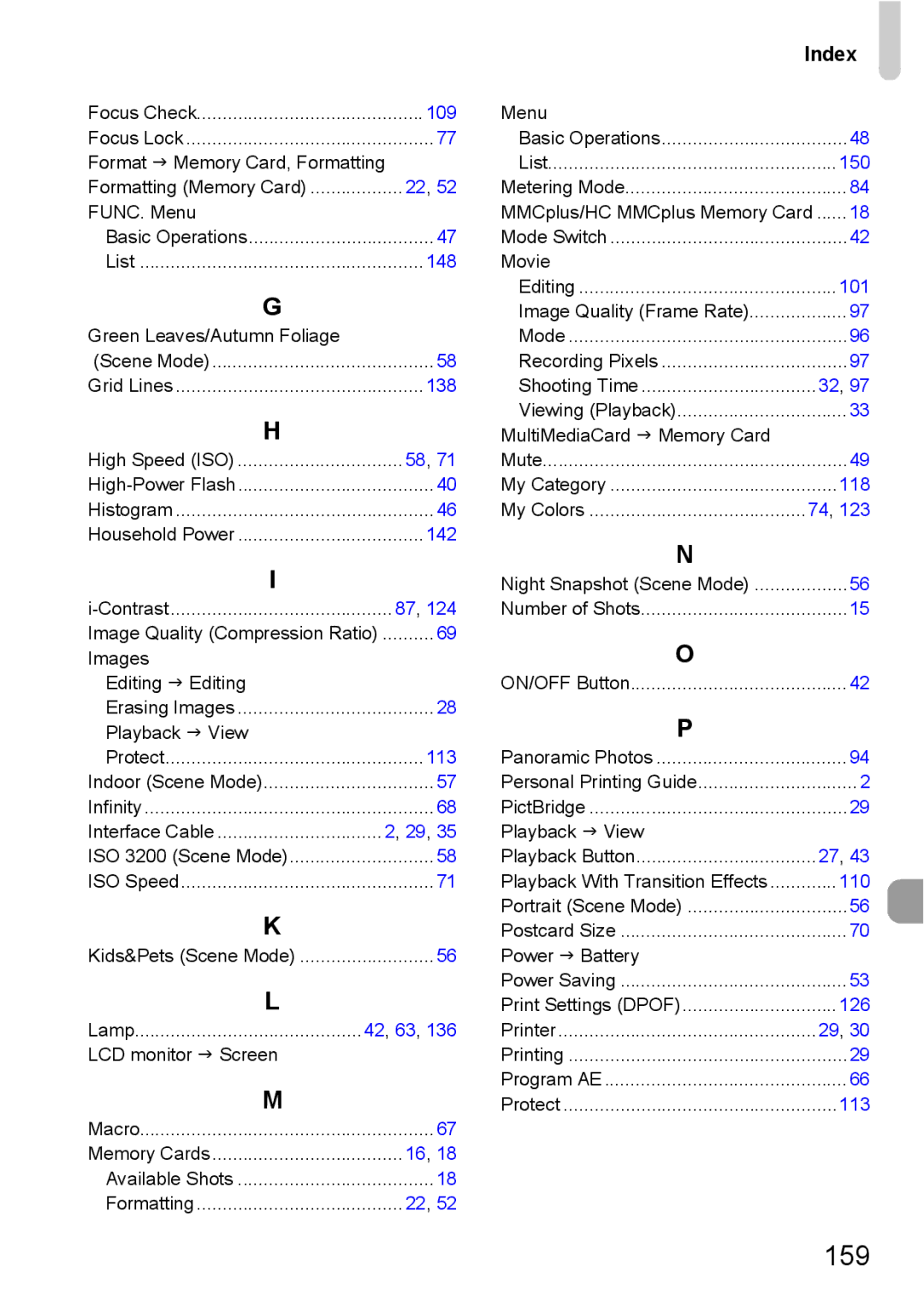 Canon 120 IS manual 159, Index 