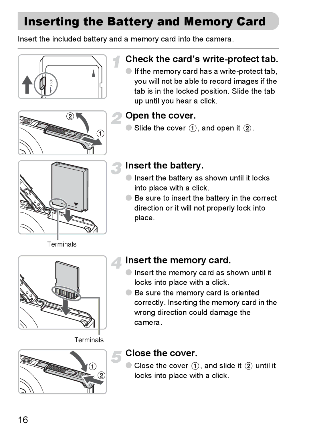 Canon 120 IS Inserting the Battery and Memory Card, Check the card’s write-protect tab, Open the cover, Close the cover 