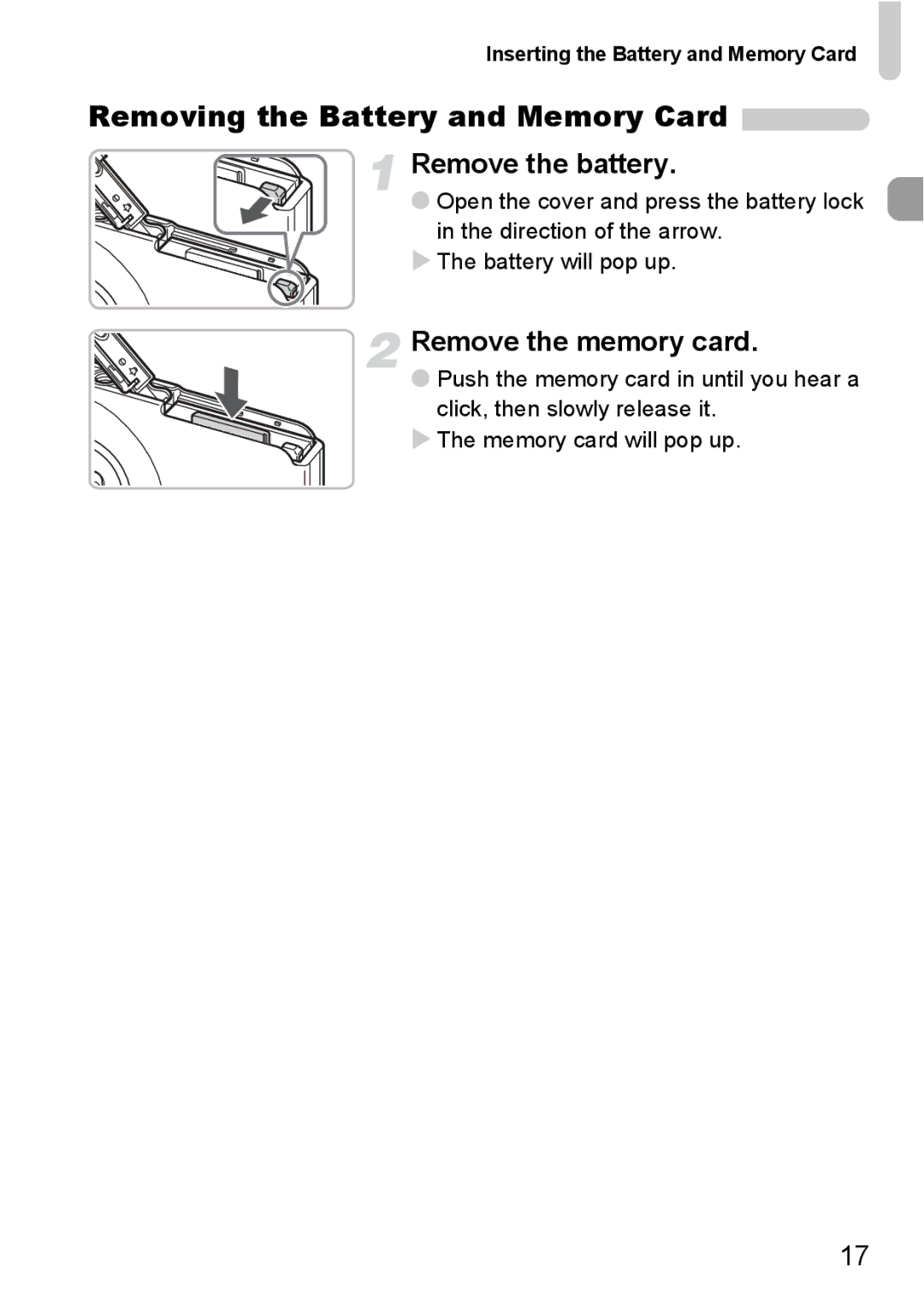 Canon 120 IS manual Removing the Battery and Memory Card, Remove the memory card, Inserting the Battery and Memory Card 