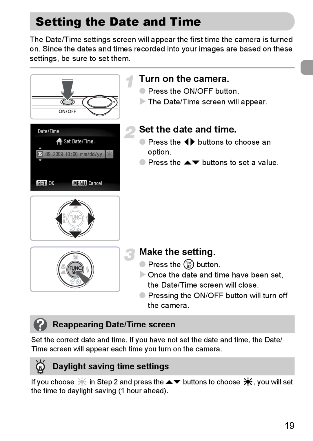 Canon 120 IS manual Setting the Date and Time, Turn on the camera, Set the date and time, Make the setting 