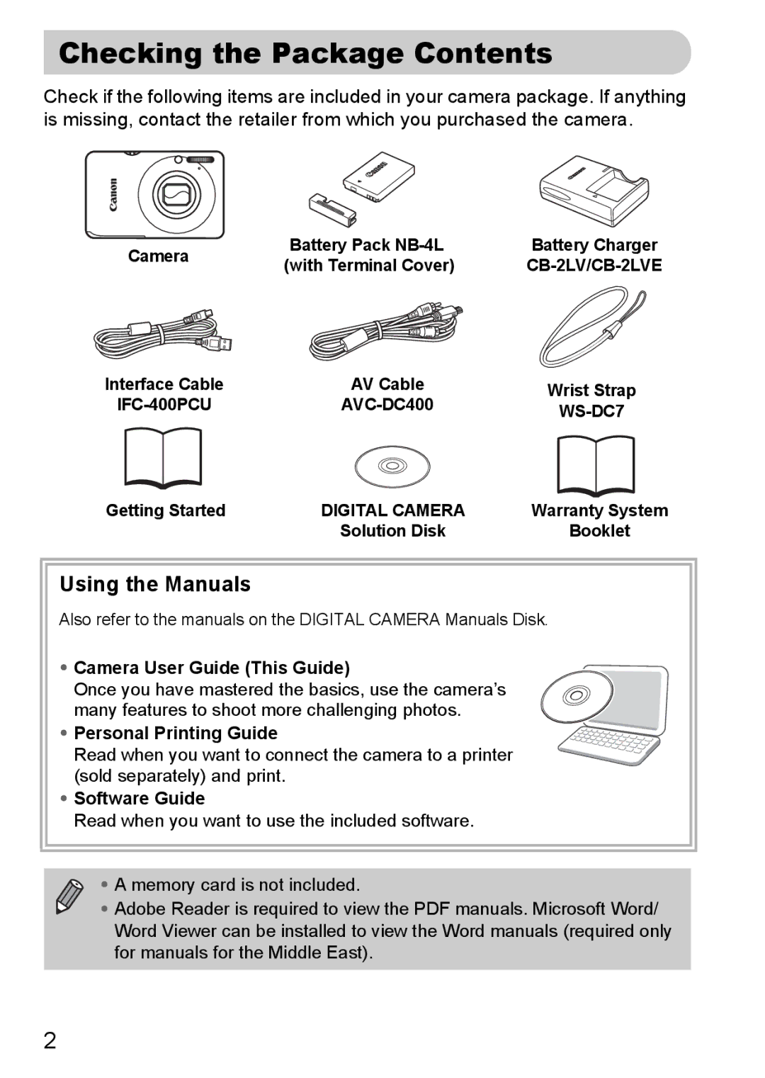 Canon 120 IS manual Checking the Package Contents 