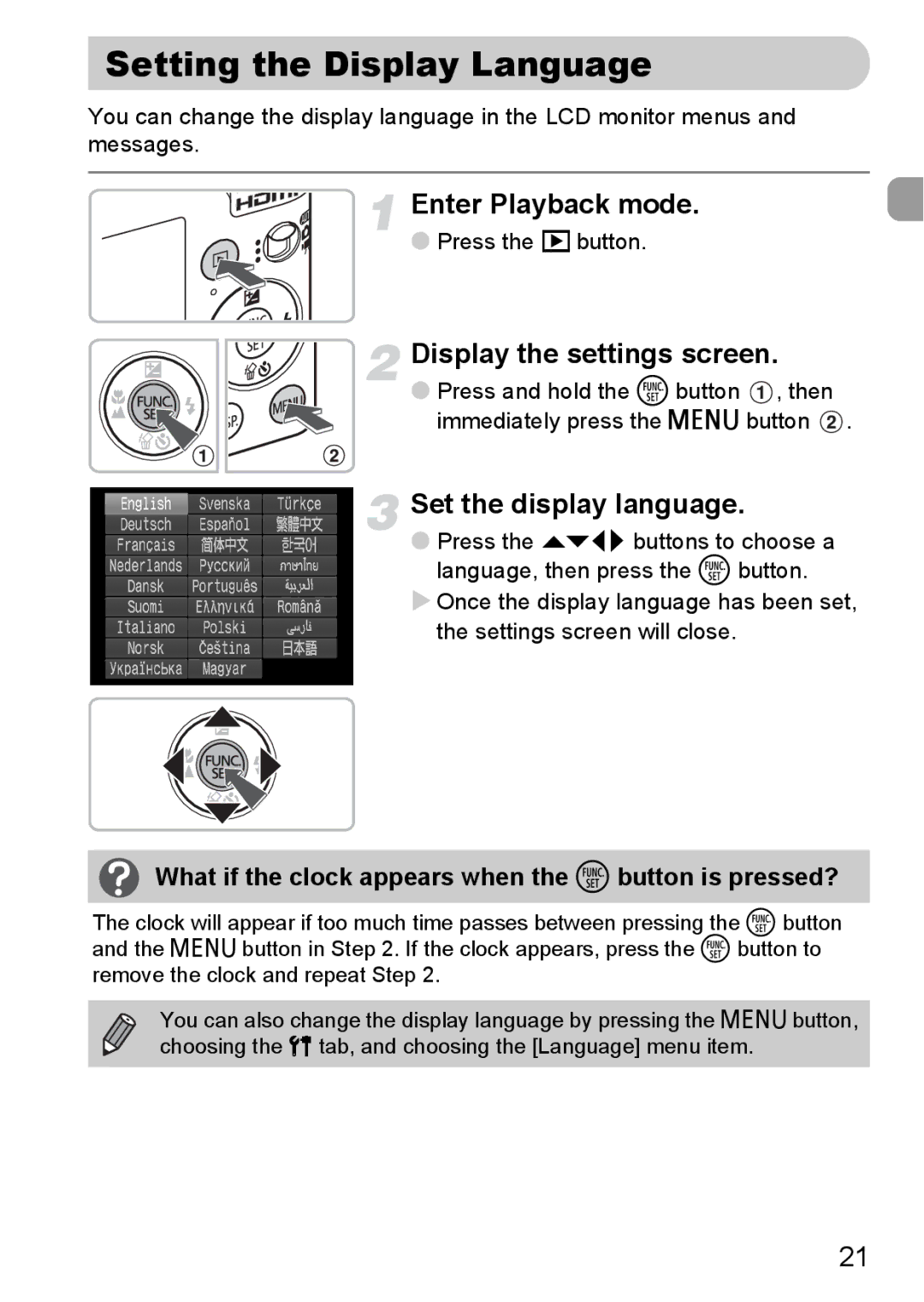 Canon 120 IS Setting the Display Language, Enter Playback mode, Display the settings screen, Set the display language 