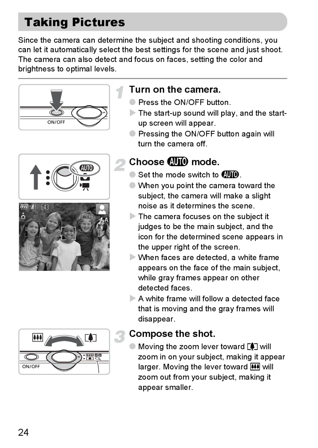 Canon 120 IS manual Taking Pictures, Choose a mode, Compose the shot 