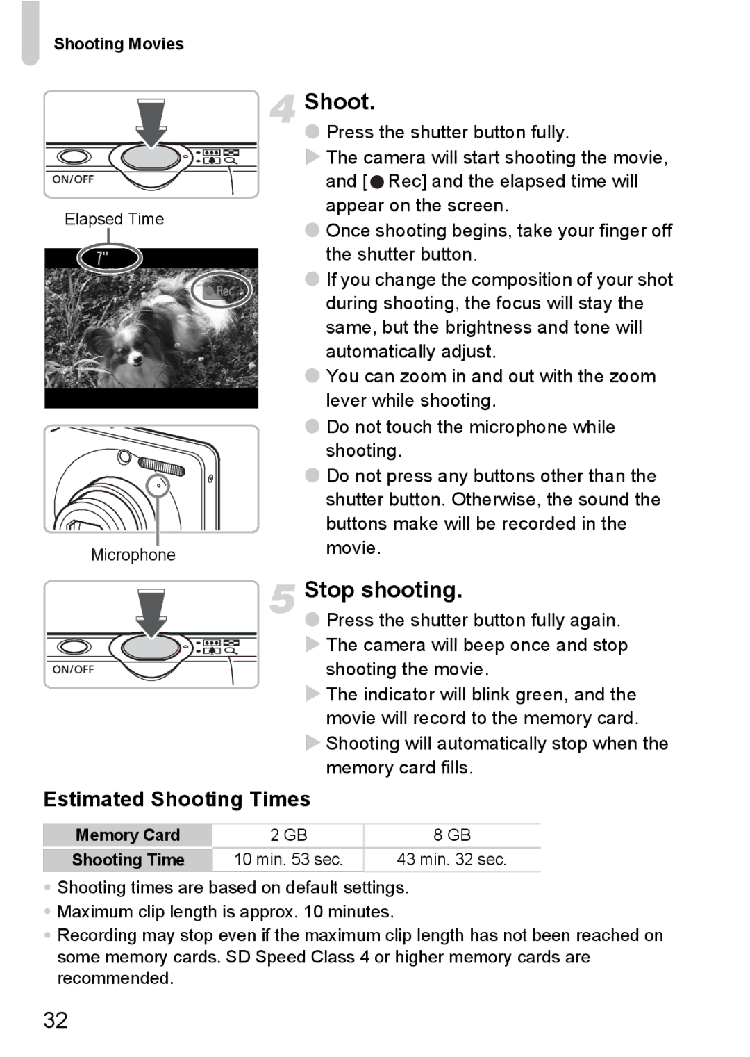 Canon 120 IS manual Stop shooting, Estimated Shooting Times, Memory Card Shooting Time 