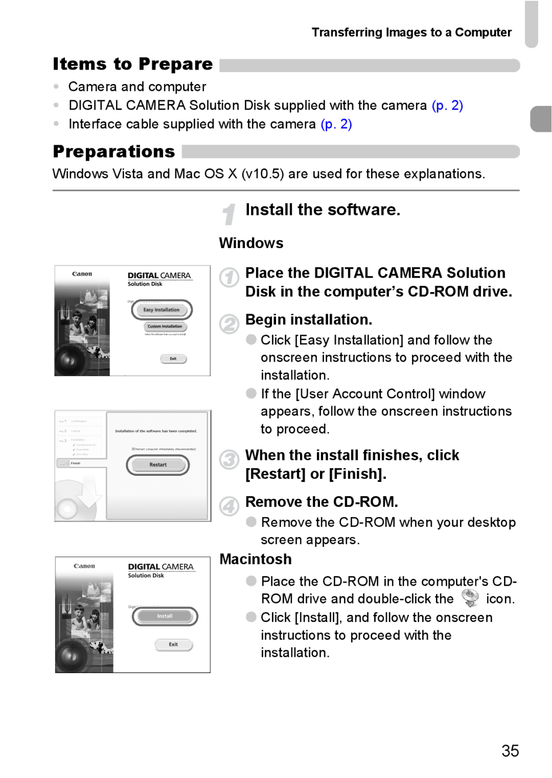 Canon 120 IS manual Preparations, Install the software, Macintosh, Transferring Images to a Computer 