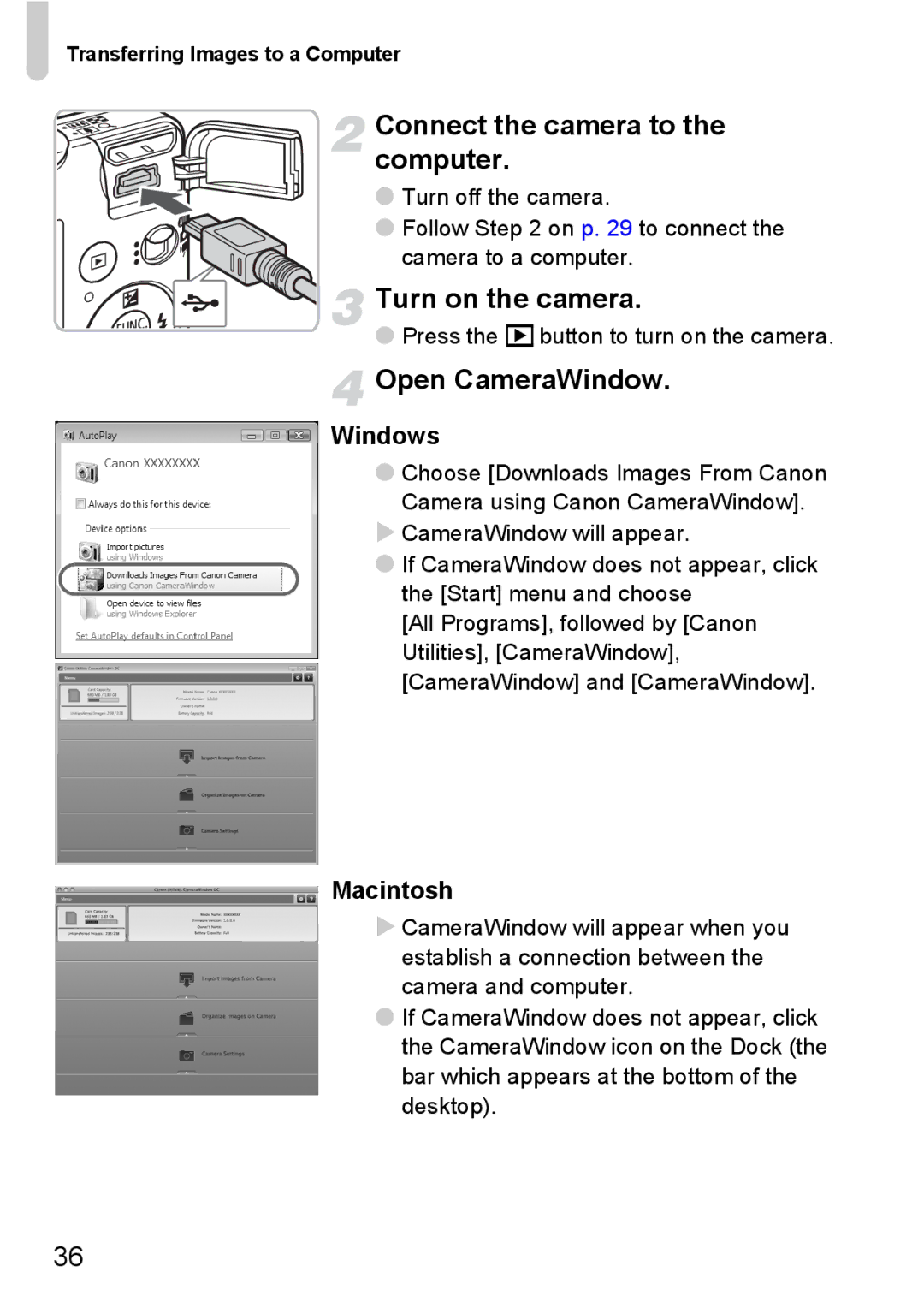 Canon 120 IS manual Connect the camera to the computer, Open CameraWindow, Windows 