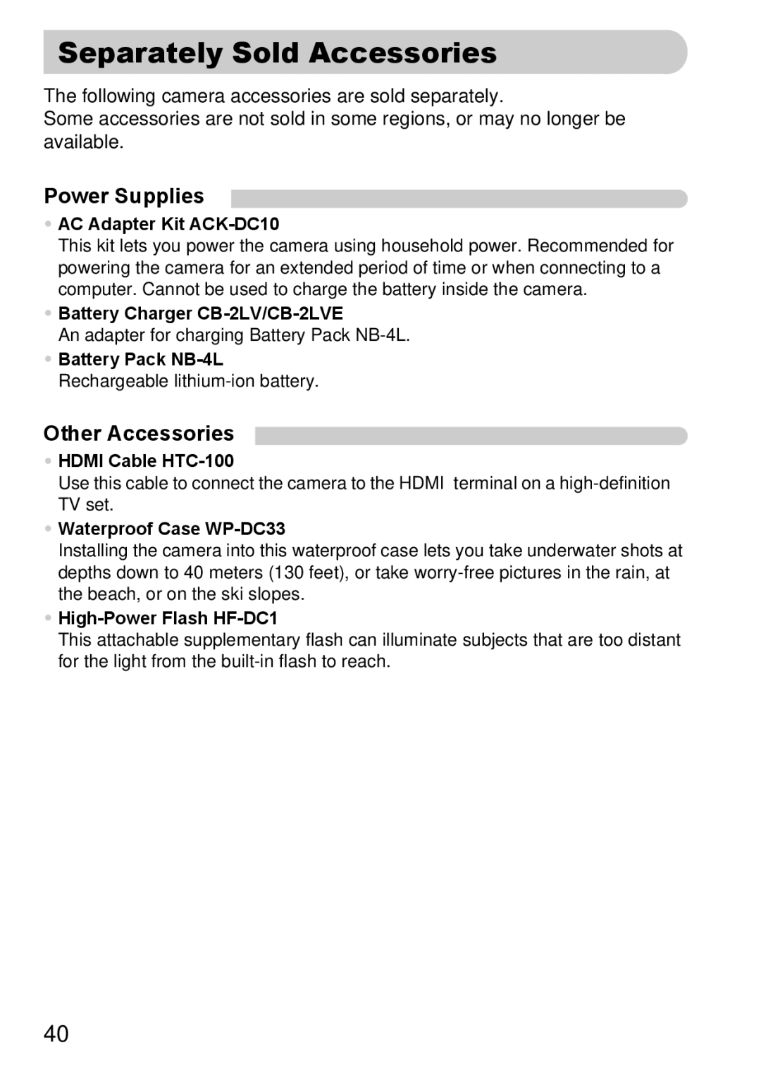 Canon 120 IS manual Separately Sold Accessories, Power Supplies, Other Accessories 