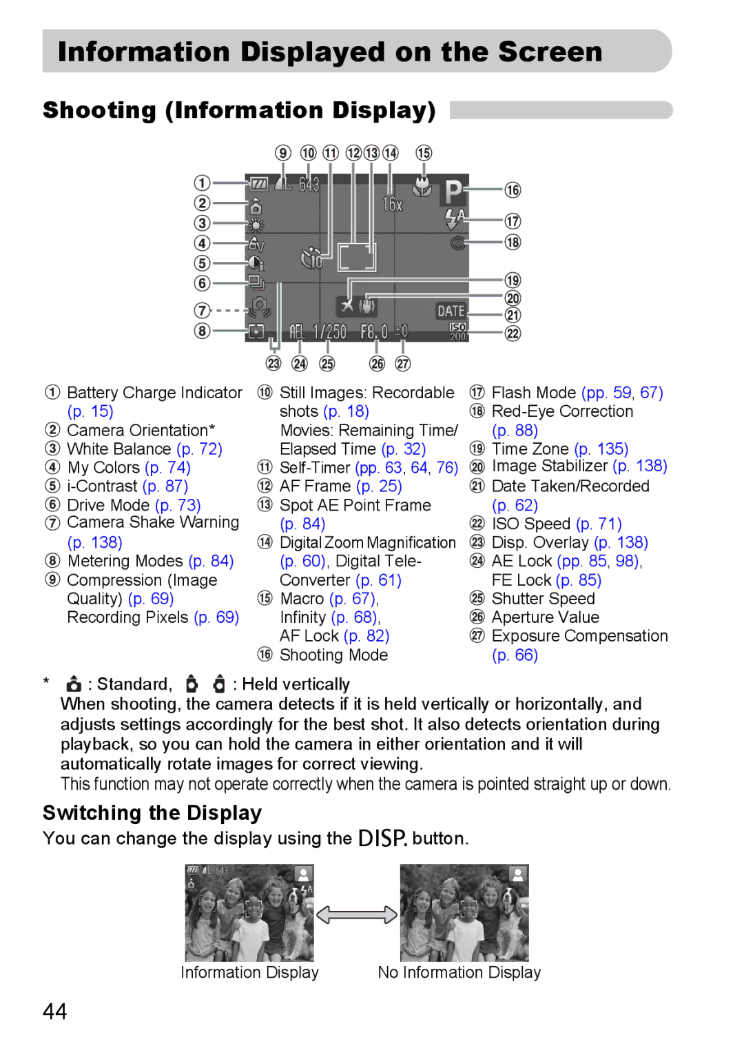 Canon 120 IS manual Information Displayed on the Screen, Shooting Information Display, Switching the Display 