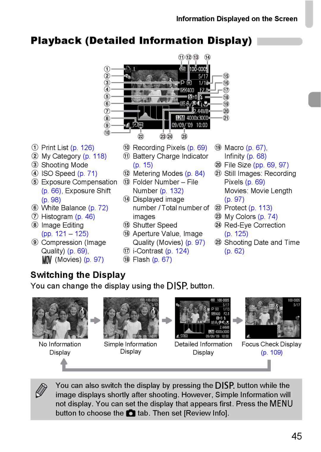 Canon 120 IS manual Playback Detailed Information Display, Information Displayed on the Screen 