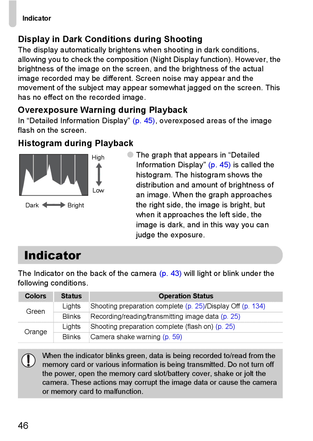 Canon 120 IS manual Indicator, Display in Dark Conditions during Shooting, Overexposure Warning during Playback 