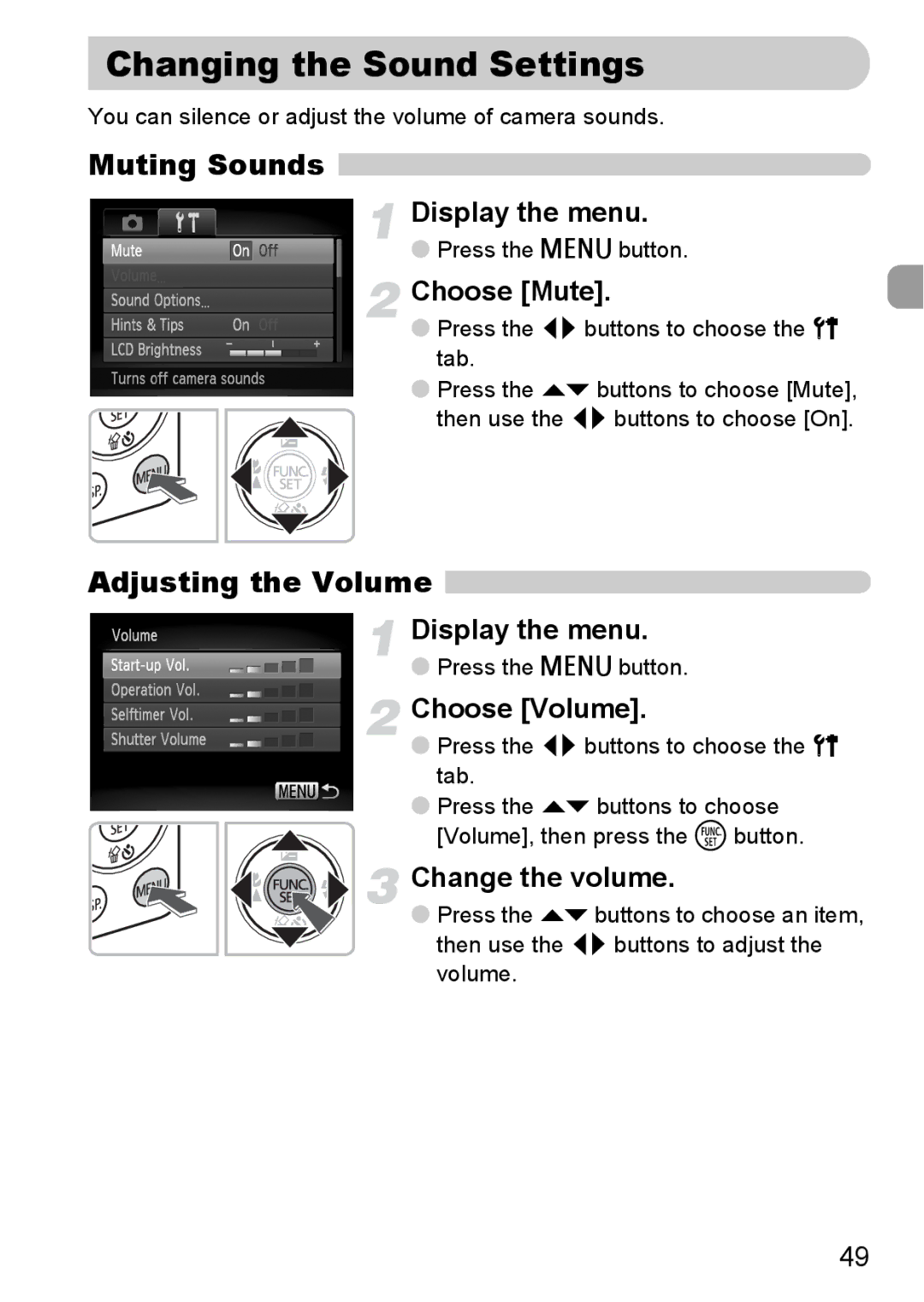 Canon 120 IS manual Changing the Sound Settings, Muting Sounds, Adjusting the Volume 