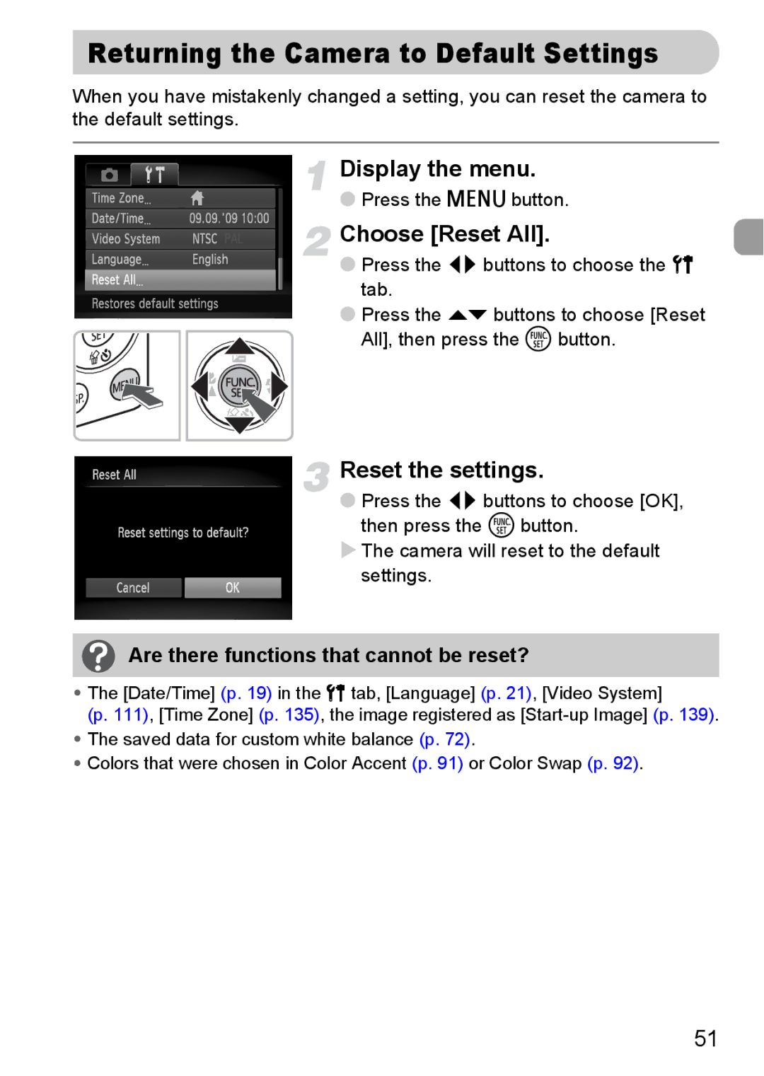 Canon 120 IS manual Returning the Camera to Default Settings, Choose Reset All, Reset the settings 