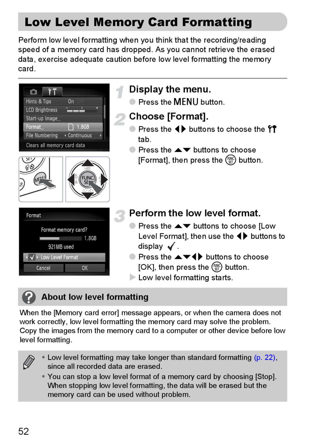 Canon 120 IS manual Low Level Memory Card Formatting, Perform the low level format, About low level formatting 