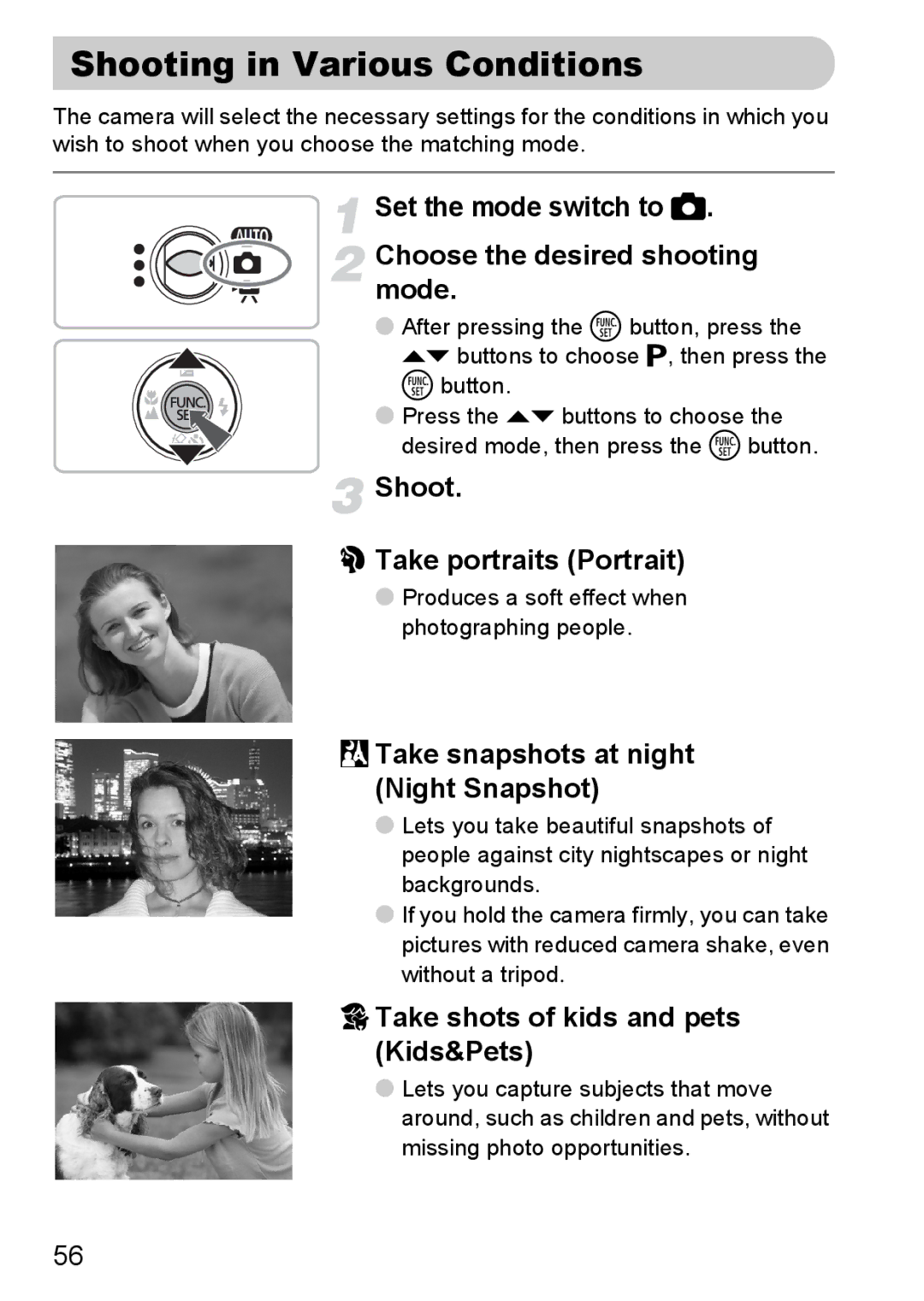 Canon 120 IS manual Shooting in Various Conditions, Set the mode switch to Choose the desired shooting mode 