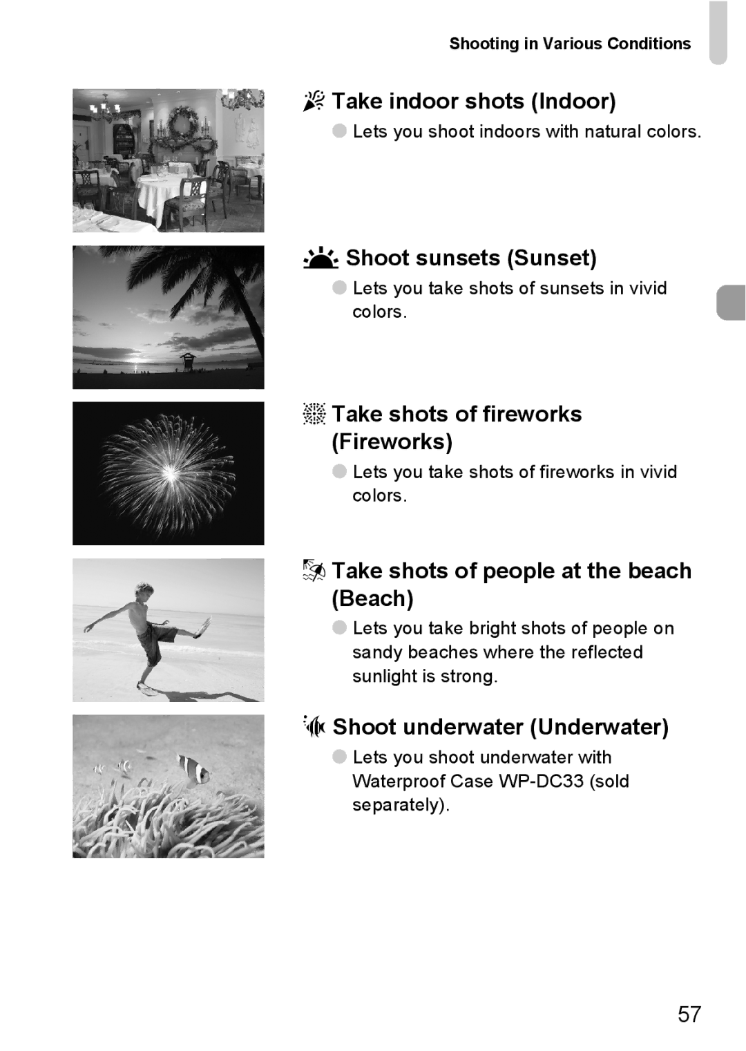 Canon 120 IS manual Take indoor shots Indoor, Shoot sunsets Sunset, TTake shots of fireworks Fireworks 