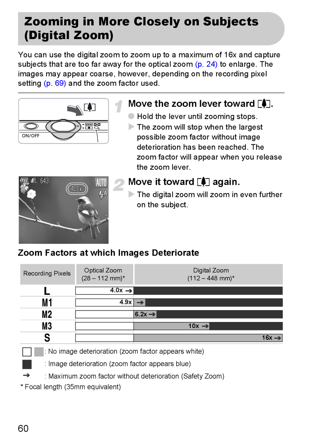 Canon 120 IS manual Zooming in More Closely on Subjects Digital Zoom, Move the zoom lever toward, Move it toward i again 