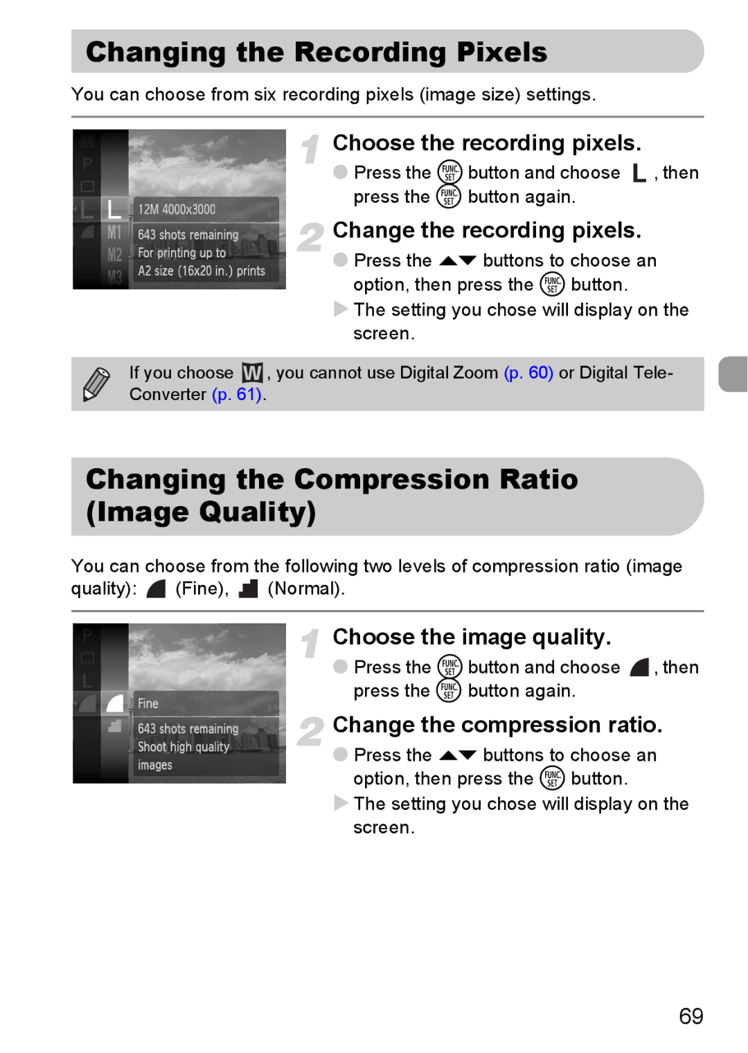 Canon 120 IS manual Changing the Recording Pixels, Changing the Compression Ratio Image Quality 