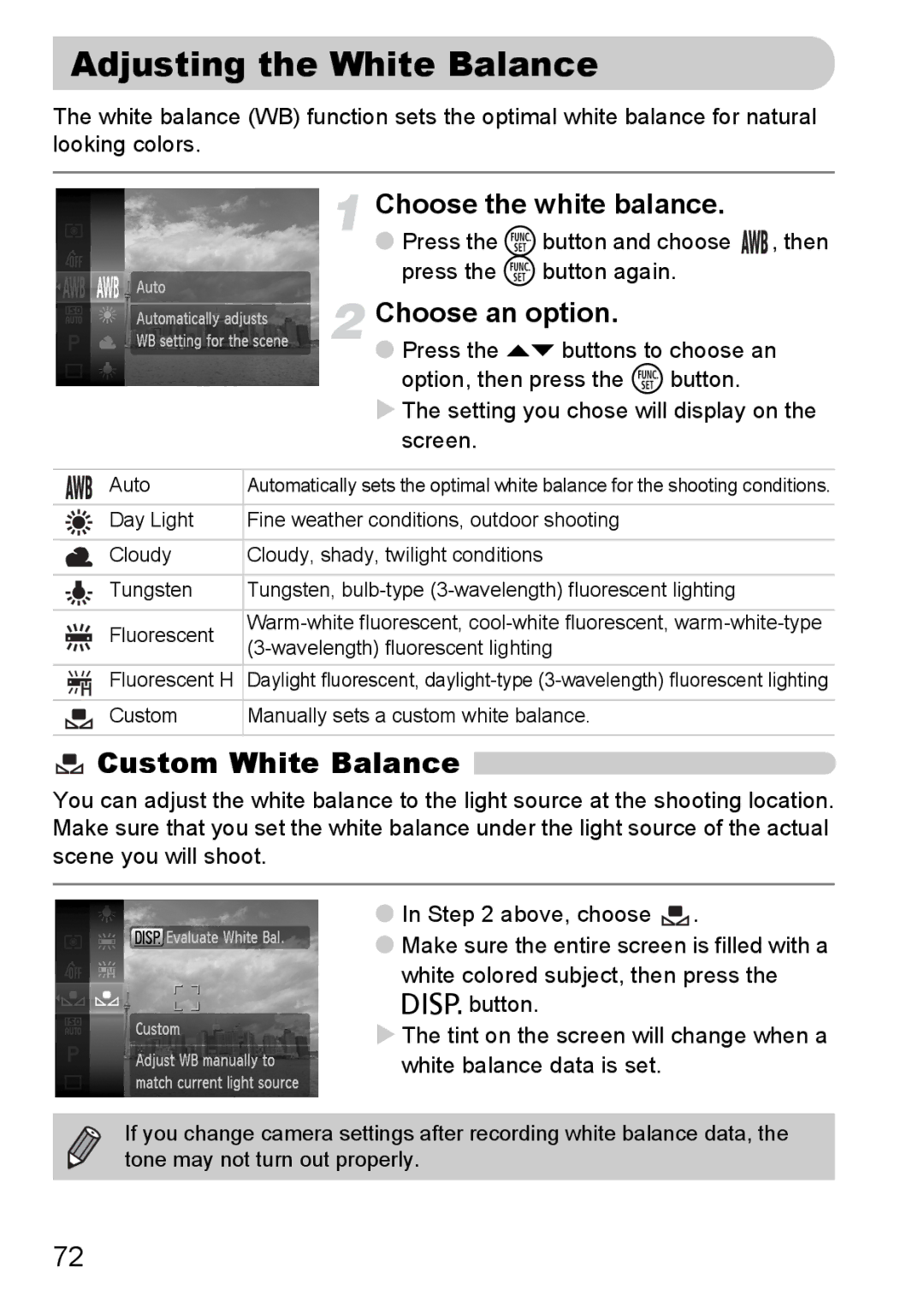 Canon 120 IS manual Adjusting the White Balance, Custom White Balance, Choose the white balance 