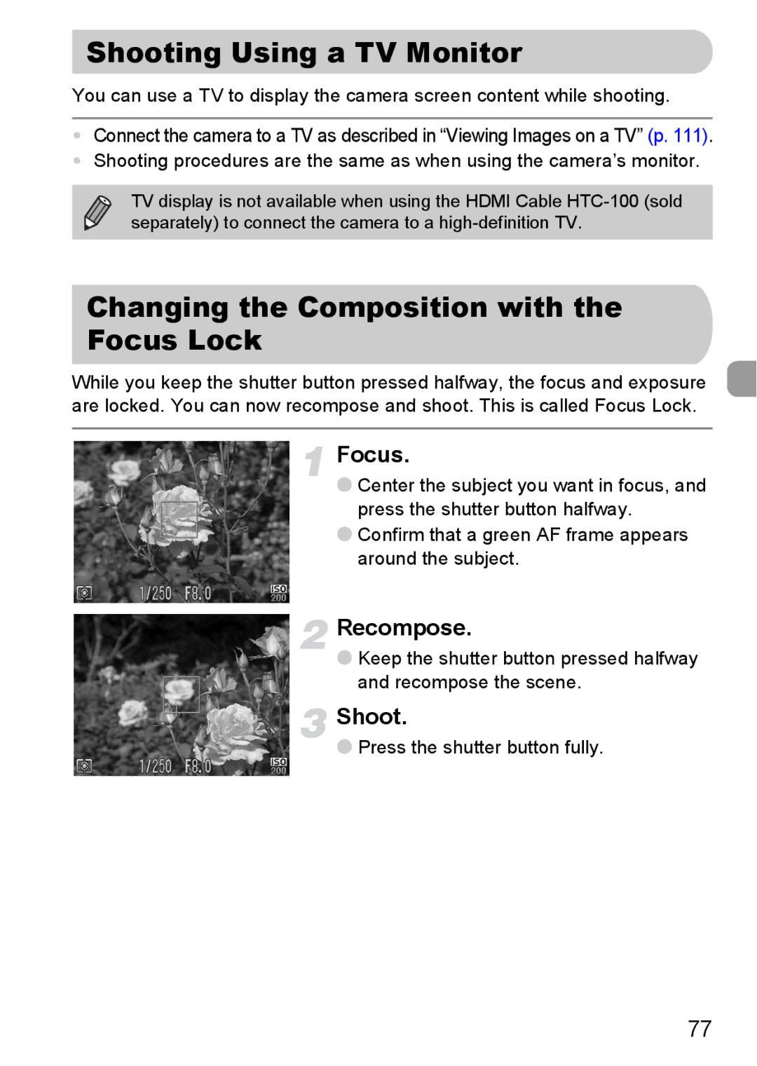 Canon 120 IS manual Shooting Using a TV Monitor, Changing the Composition with the Focus Lock, Recompose 