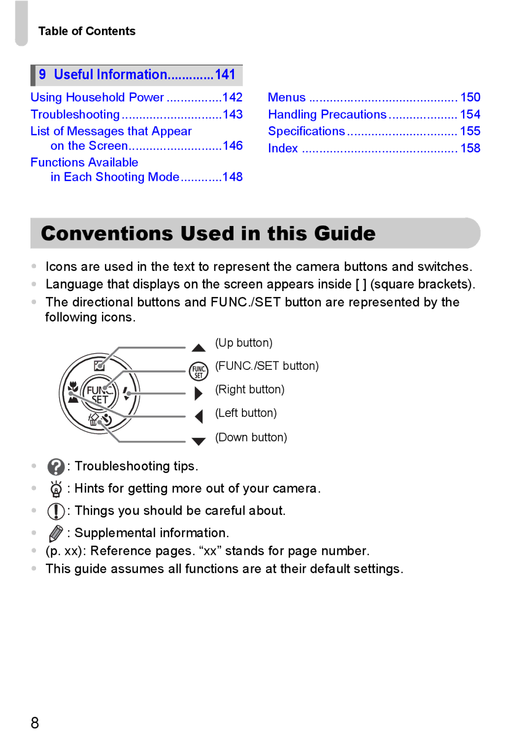 Canon 120 IS manual Conventions Used in this Guide, Table of Contents 