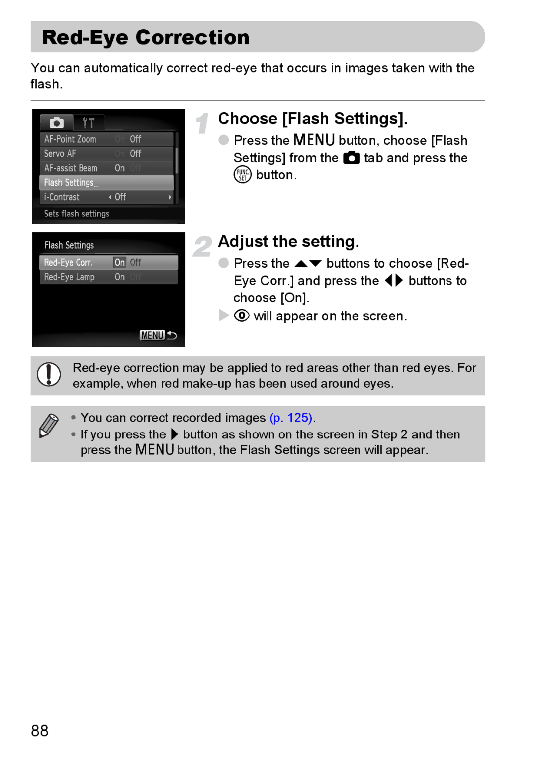 Canon 120 IS manual Red-Eye Correction, Choose Flash Settings, Adjust the setting 