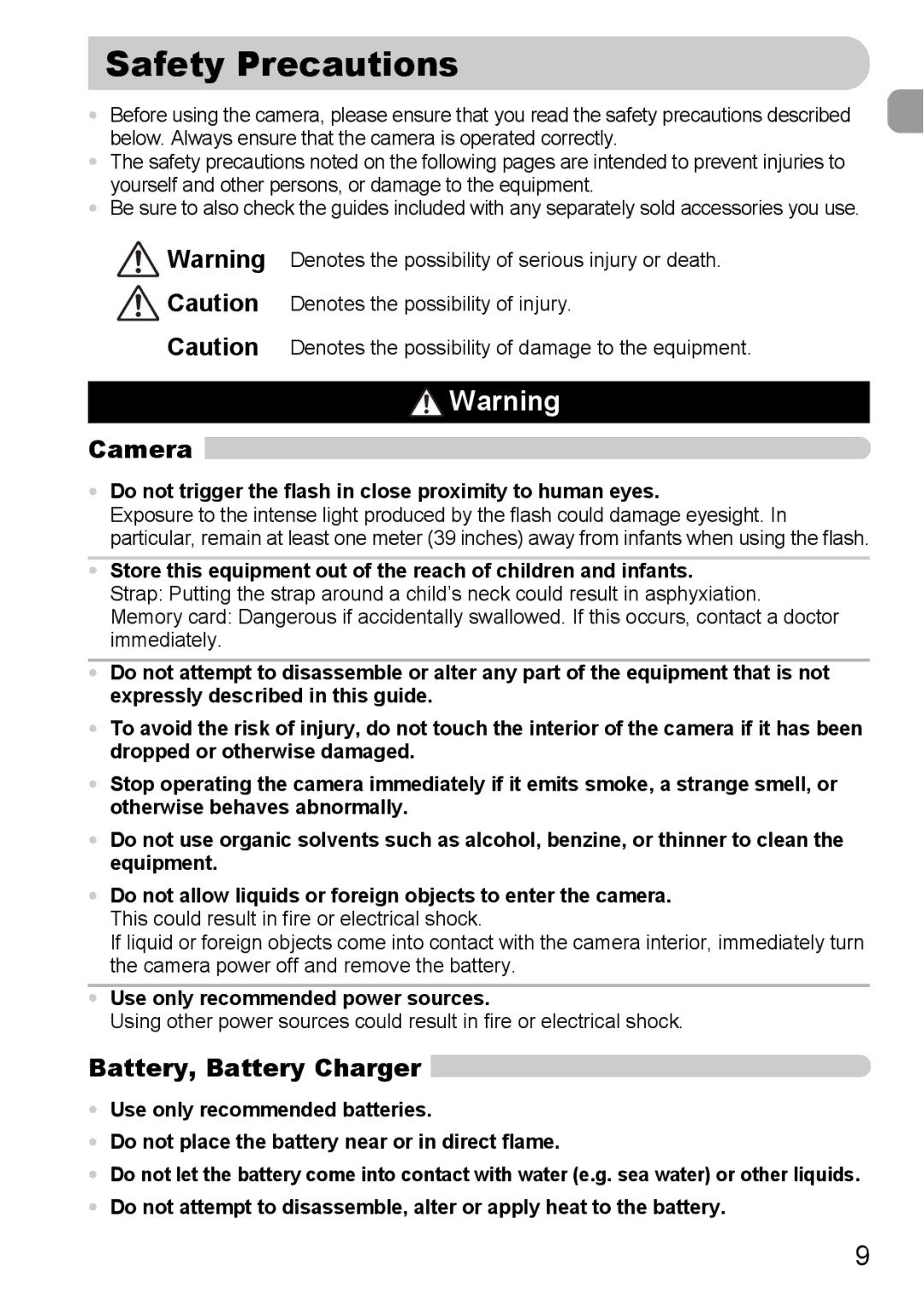 Canon 120 IS manual Safety Precautions, Camera, Battery, Battery Charger, Use only recommended power sources 