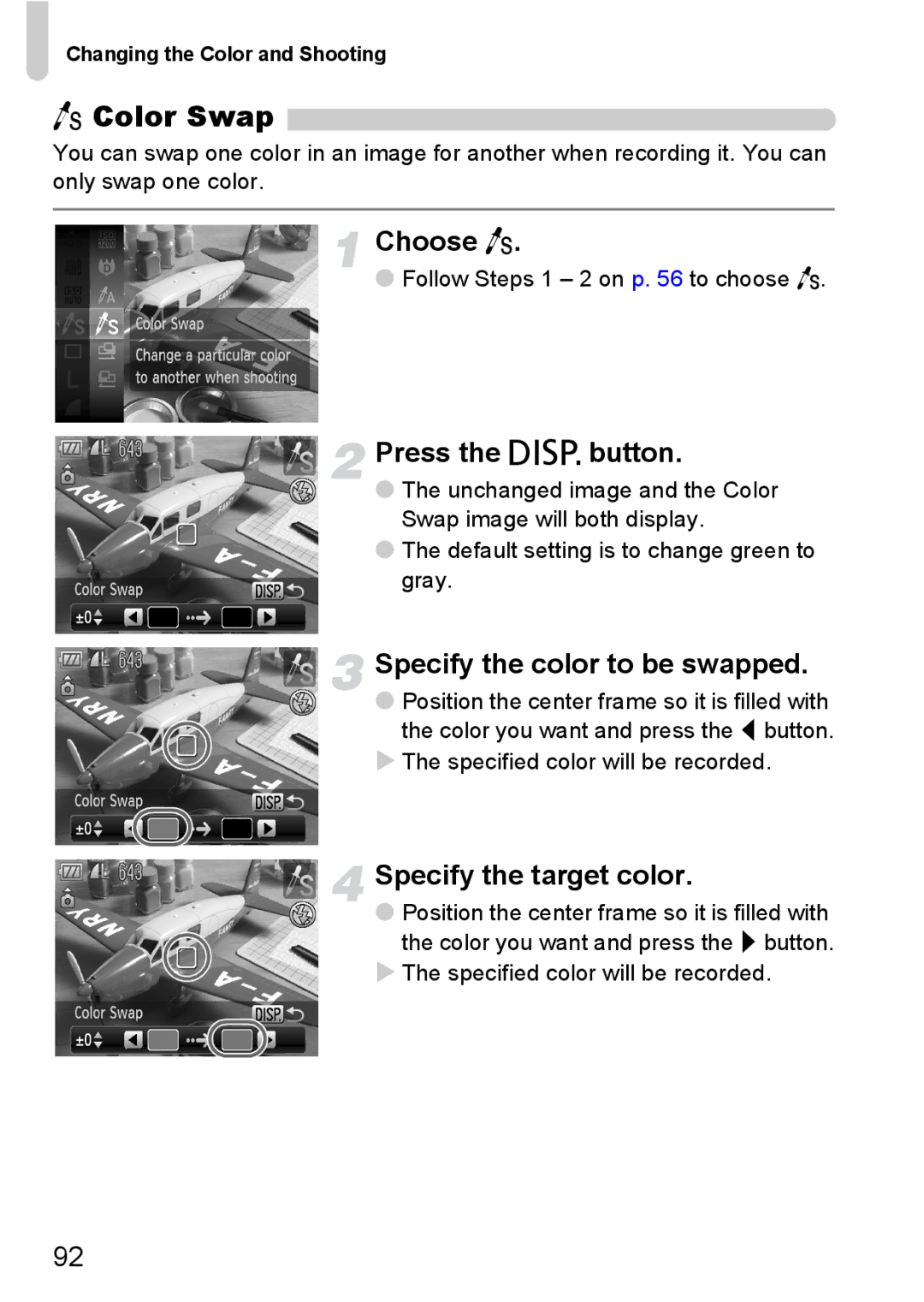 Canon 120 IS manual Color Swap, Choose Y, Specify the color to be swapped, Specify the target color 