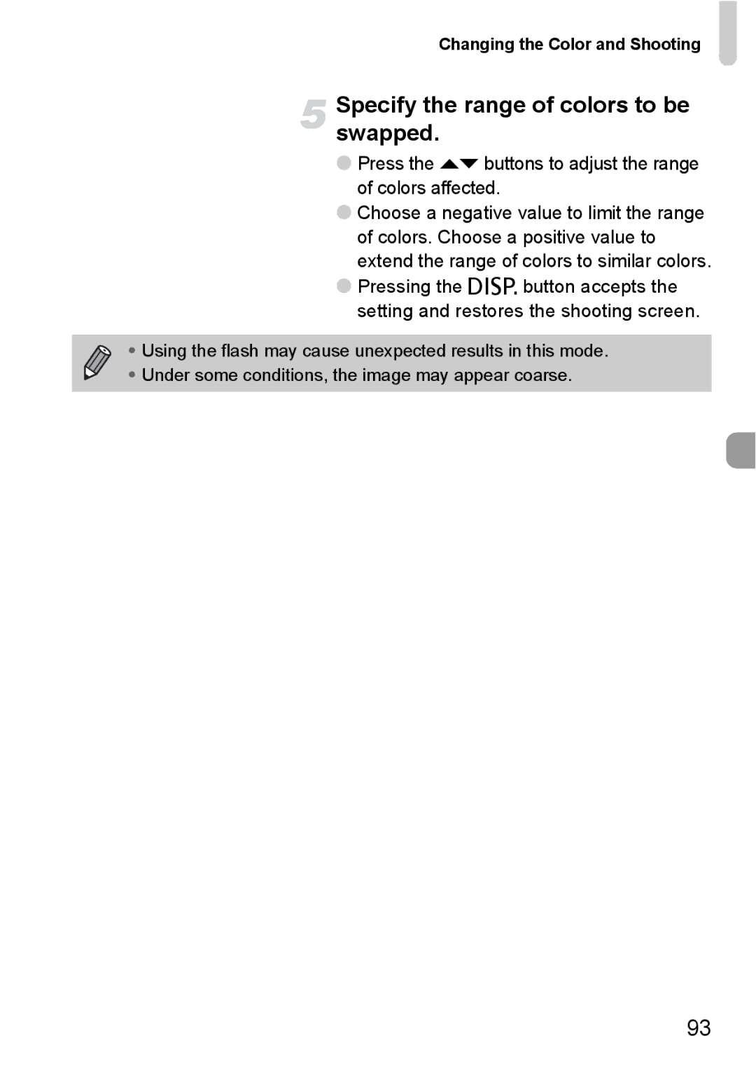 Canon 120 IS manual Specify the range of colors to be swapped, Press the op buttons to adjust the range of colors affected 