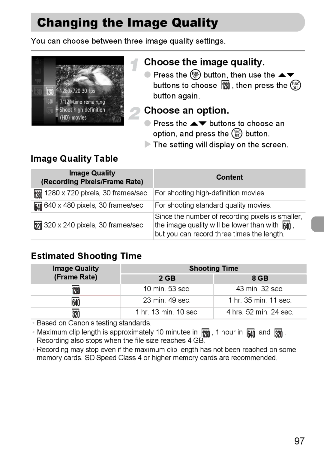 Canon 120 IS manual Changing the Image Quality, Image Quality Table, Estimated Shooting Time 