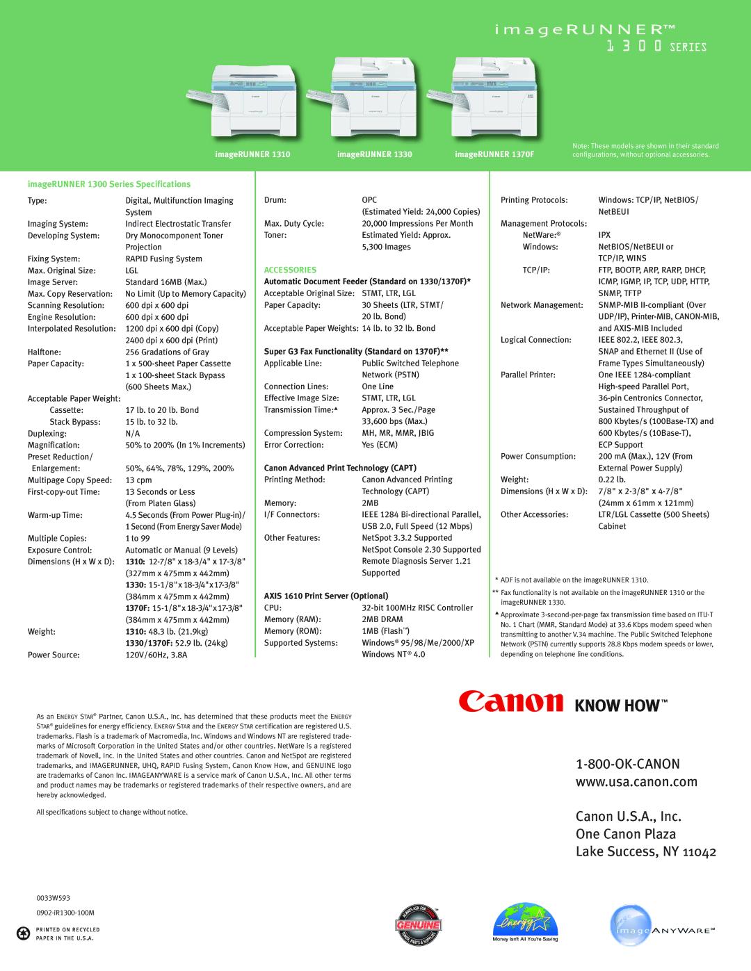 Canon 1300 manual Canon U.S.A., Inc One Canon Plaza Lake Success, NY 