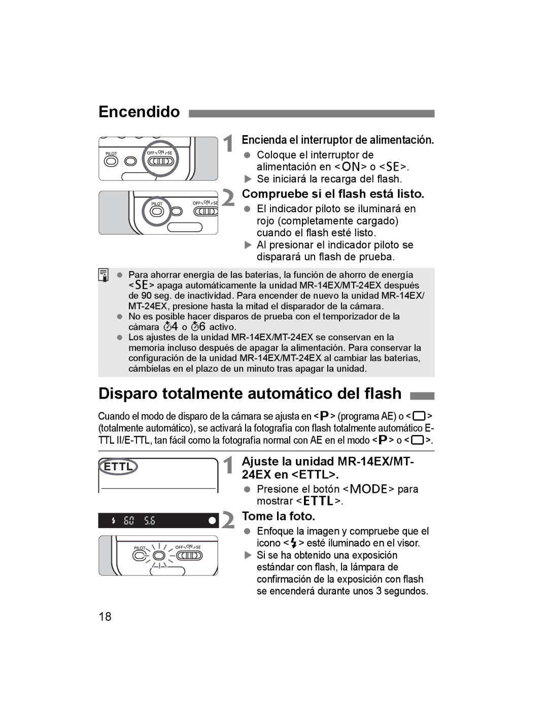 Canon Encendido, Disparo totalmente automático del flash, Ajuste la unidad MR-14EX/MT- 24EX en Ettl, Tome la foto 