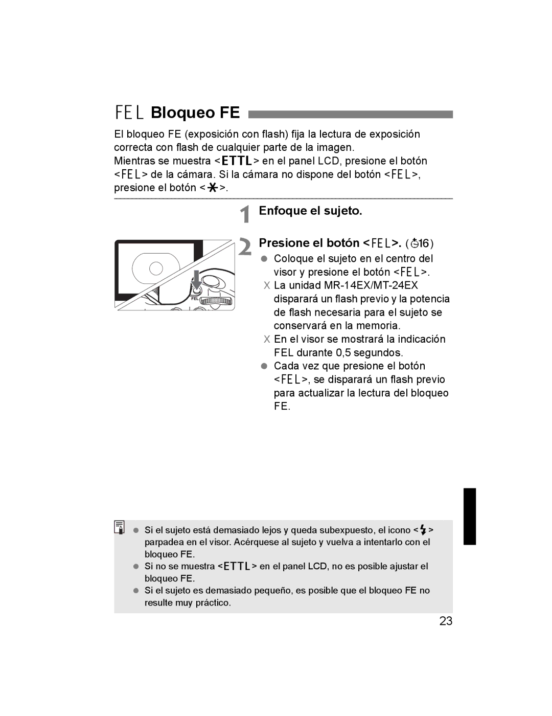 Canon 24EX, 14EX instruction manual 7Bloqueo FE, Enfoque el sujeto Presione el botón 7 