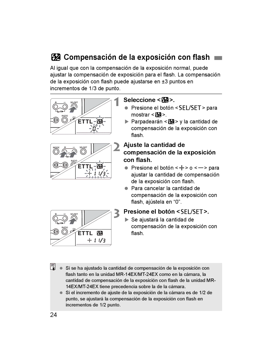 Canon 14EX, 24EX instruction manual FCompensación de la exposición con flash, Seleccione f 