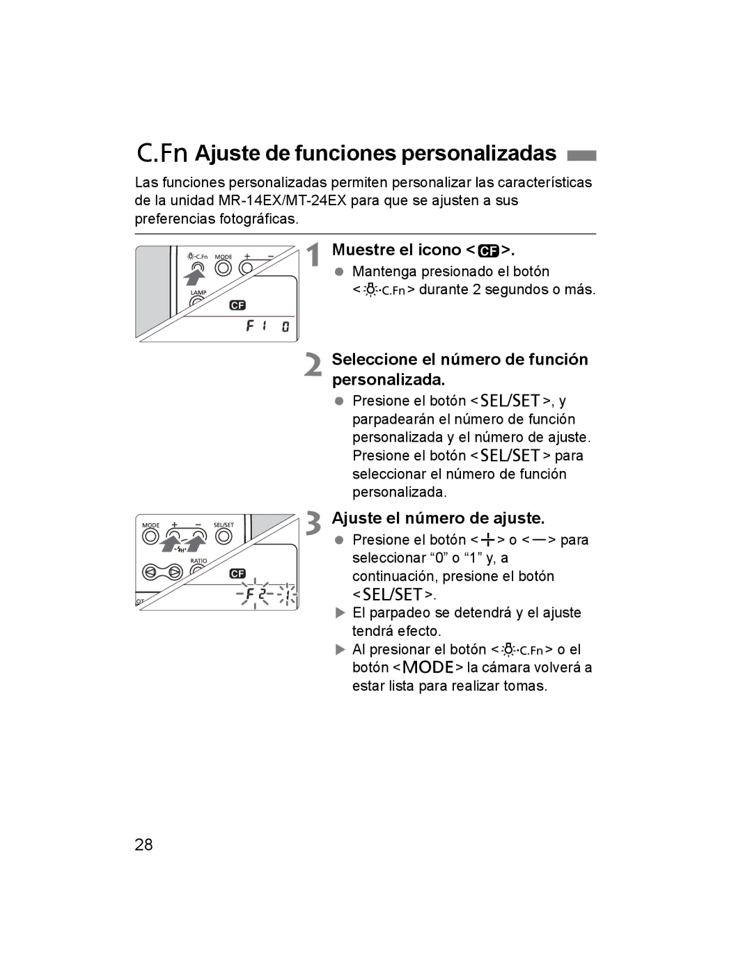 Canon 14EX, 24EX instruction manual CAjuste de funciones personalizadas, Seleccione el número de función personalizada 