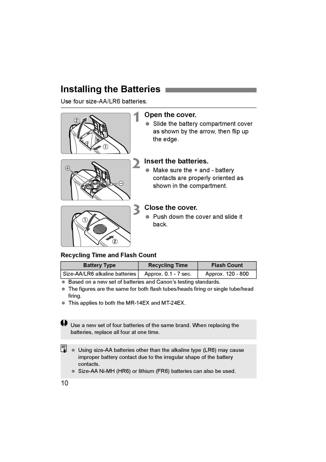 Canon 14EX Installing the Batteries, Open the cover, Insert the batteries, Close the cover, Recycling Time and Flash Count 