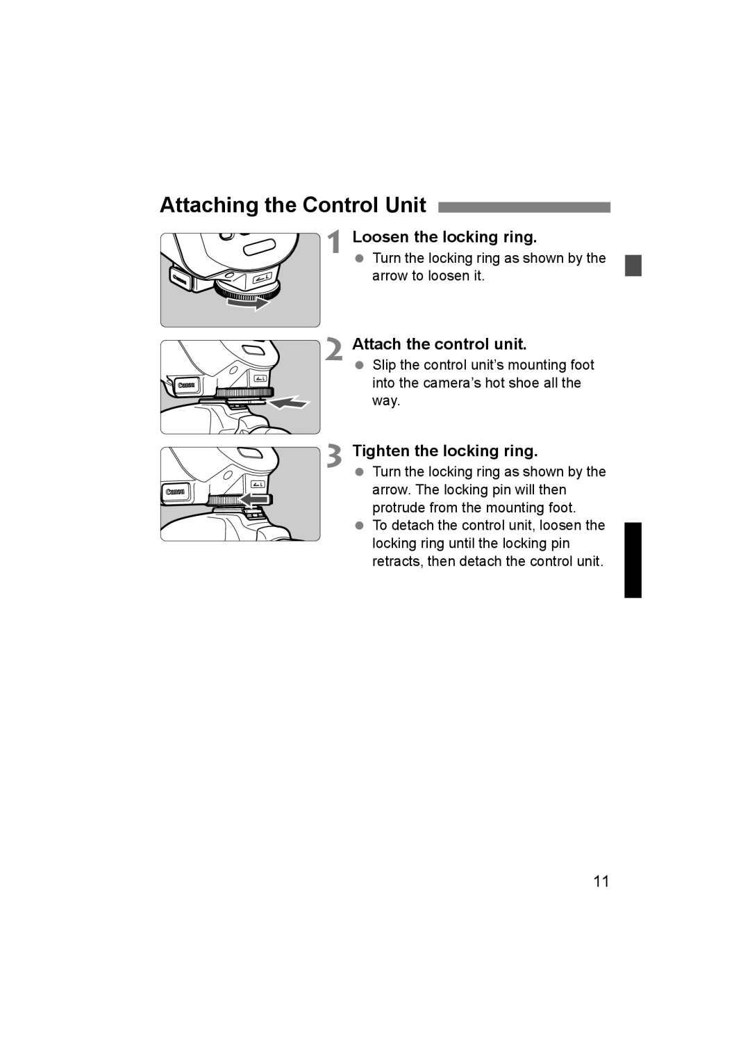 Canon 24EX, 14EX Attaching the Control Unit, Loosen the locking ring, Attach the control unit, Tighten the locking ring 