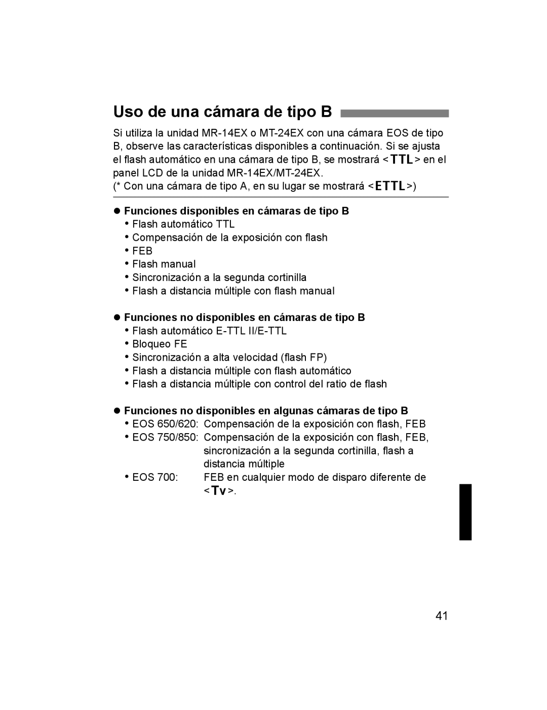 Canon 24EX, 14EX instruction manual Uso de una cámara de tipo B, Funciones disponibles en cámaras de tipo B 