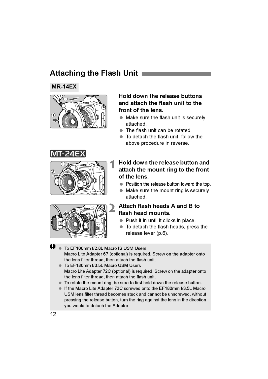 Canon 14EX, 24EX instruction manual Attaching the Flash Unit, Attach flash heads a and B to flash head mounts 